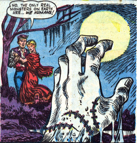 He says with the hand of a reanimated assemblage of corpse parts jutting out of the mire in front of him.